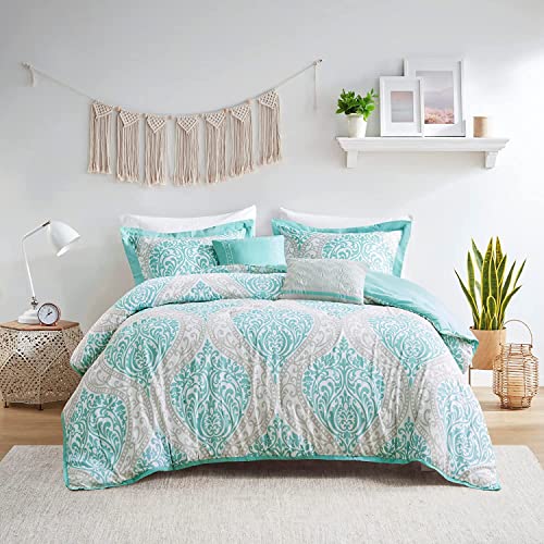 Intelligent Design ID10-898 Senna Comforter Set King/Cal King Size - Aqua Blue/Gray, Damask – 5 Piece Bed Sets – Ultra Soft Microfiber - All Season Comforter Set Bedding