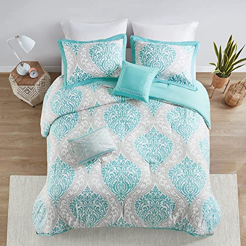 Intelligent Design ID10-898 Senna Comforter Set King/Cal King Size - Aqua Blue/Gray, Damask – 5 Piece Bed Sets – Ultra Soft Microfiber - All Season Comforter Set Bedding