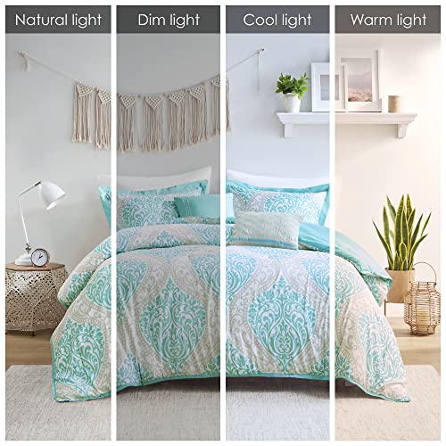 Intelligent Design ID10-898 Senna Comforter Set King/Cal King Size - Aqua Blue/Gray, Damask – 5 Piece Bed Sets – Ultra Soft Microfiber - All Season Comforter Set Bedding