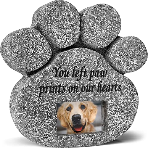 You Left Paw Prints On Our Hearts' Paw Print Pet Memorial Stone, Grave Marker with Customizable Photo Frame Slot, Loss Of Pet Gift, Personalized Dog Memorial Headstone, 8.25” x 8” x 1.5”