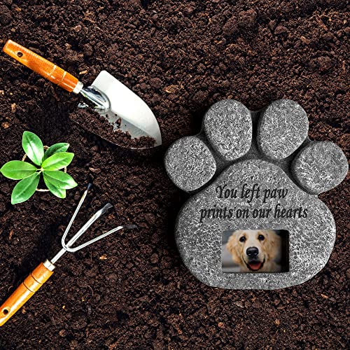 You Left Paw Prints On Our Hearts' Paw Print Pet Memorial Stone, Grave Marker with Customizable Photo Frame Slot, Loss Of Pet Gift, Personalized Dog Memorial Headstone, 8.25” x 8” x 1.5”