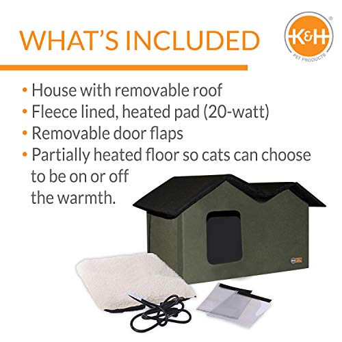 K&H Pet Products Outdoor Heated Cat House Extra-Wide Olive/Black 26.5 X 15.5 X 21.5 Inches