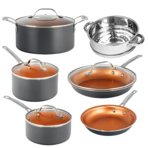 gotham steel 10 piece pots and pans set with ultra nonstick diamond surface, includes frying pans, stock pots, saucepans & more, stay cool handles, oven metal utensil & dishwasher safe, 100% pfoa free