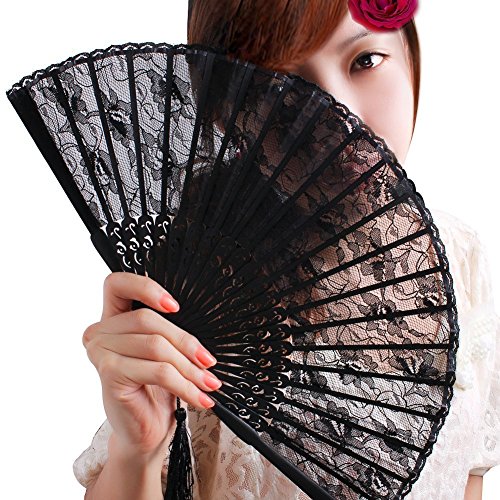 HONBAY Lady's Girl's Vintage Retro Flower Lace Handheld Folding Hand Fan (Black)