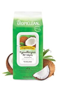 tropiclean hypoallergenic dog wipes for paws and butt | fragrance free dog grooming wipes | safe for the face | puppy & cat friendly | 100 count