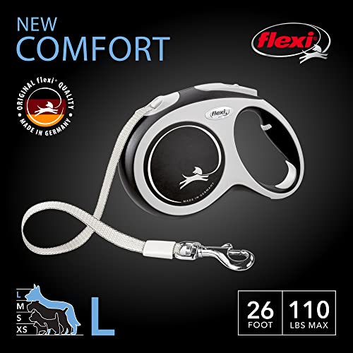 FLEXI New Comfort Retractable Dog Leash (Tape), for Dogs Up to 110lbs, 26 ft, Large, Grey/Black