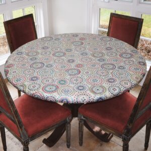 covers for the home elastic edged flannel backed vinyl fitted table cover - multi-color geometric pattern - large round - fits tables up to 45″ - 56” diameter