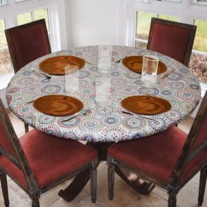 Covers For The Home Elastic Edged Flannel Backed Vinyl Fitted Table Cover - Multi-Color Geometric Pattern - Large Round - Fits Tables up to 45″ - 56” Diameter