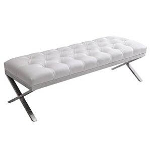 armen living milo bench in white faux leather and brushed stainless steel finish 60 x 20 x 21