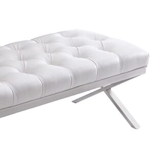 Armen Living Milo Bench in White Faux Leather and Brushed Stainless Steel Finish 60 x 20 x 21