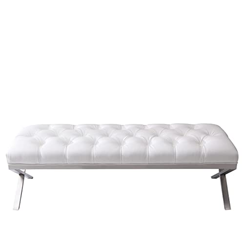 Armen Living Milo Bench in White Faux Leather and Brushed Stainless Steel Finish 60 x 20 x 21