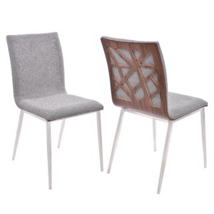 armen living crystal dining chair in brushed stainless steel finish with grey fabric upholstery and walnut back (set of 2)