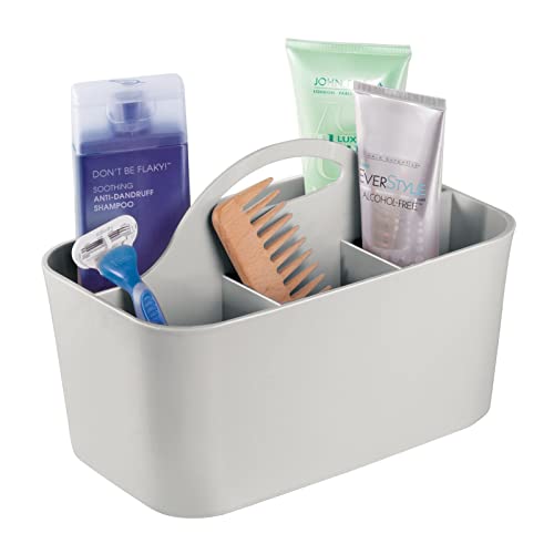 mDesign Small Plastic Shower/Bath Storage Organizer Caddy Tote with Handle for Dorm, Shelf, Cabinet - Hold Soap, Shampoo, Conditioner, Combs, Brushes, Lumiere Collection, Light Gray