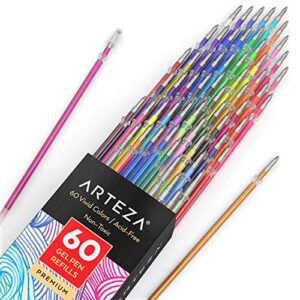arteza gel pens ink refills 60-individual-color-bundle acid-free & non-toxic (0.8-1.0 mm tips, set of 60)