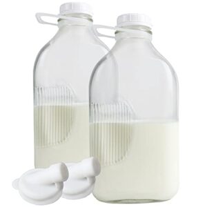 the dairy shoppe heavy glass milk bottles - jugs with lids and extra silicone pour spout - clear milk containers for fridge - reusable glass milk jug dispenser - made in usa (64 oz, 2 pack)