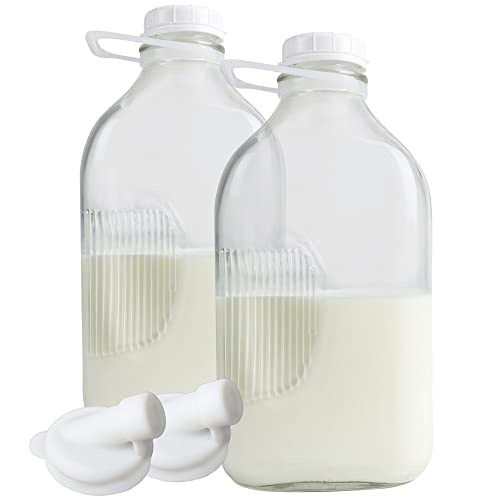 The Dairy Shoppe Heavy Glass Milk Bottles - Jugs with Lids and Extra Silicone Pour Spout - Clear Milk Containers for Fridge - Reusable Glass Milk Jug Dispenser - Made in USA (64 oz, 2 Pack)