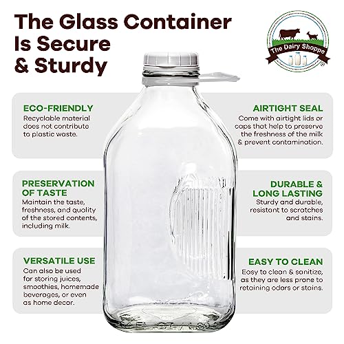 The Dairy Shoppe Heavy Glass Milk Bottles - Jugs with Lids and Extra Silicone Pour Spout - Clear Milk Containers for Fridge - Reusable Glass Milk Jug Dispenser - Made in USA (64 oz, 2 Pack)