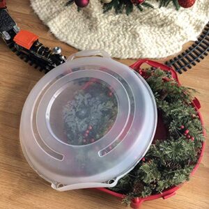 HOMZ Set of 3 Holiday Wreath Plastic Storage Containers, Holds Up to 24” Diameter, Secure Latching Lid and Easy Grip Handle, Stackable and Nestable, Red/Clear