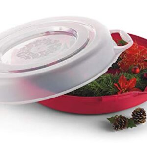 HOMZ Set of 3 Holiday Wreath Plastic Storage Containers, Holds Up to 24” Diameter, Secure Latching Lid and Easy Grip Handle, Stackable and Nestable, Red/Clear