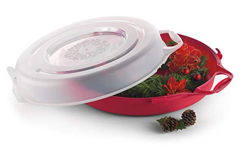 HOMZ Set of 3 Holiday Wreath Plastic Storage Containers, Holds Up to 24” Diameter, Secure Latching Lid and Easy Grip Handle, Stackable and Nestable, Red/Clear
