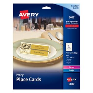 avery printable place cards with sure feed technology, 1-7/16" x 3-3/4", textured ivory, 150 blank place cards for laser or inkjet printers (05012)