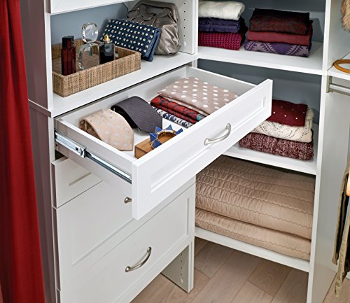 ClosetMaid SuiteSymphony Wood Closet Drawer, Add On Accessory, Shaker Style, For Storage, Closet, Clothes, 25” x 5” Size for 25 in. Units, Pure White/Satin Nickel