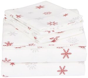 amazon brand – pinzon cotton flannel bed sheet set - queen, falling snowflake merlot