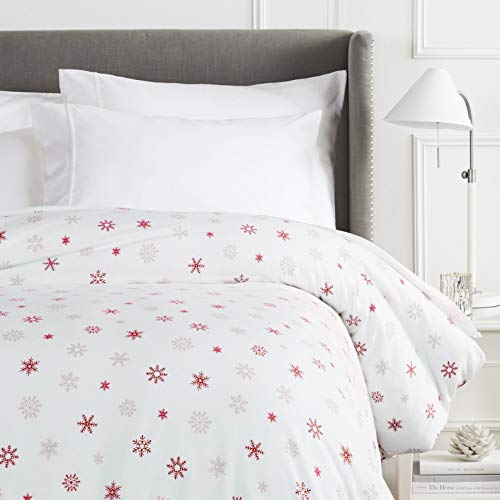 Amazon Brand – Pinzon Cotton Flannel Duvet Cover - Twin, Falling Snowflake Merlot