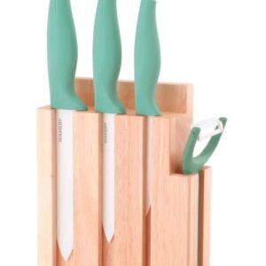 Wamery Ceramic Knife Set with Block - Chef Knife, Utility Knife, Paring Knife Rust Proof Sharp Turquoise Kitchen Knife Set with Wood Block and Fruit Peeler