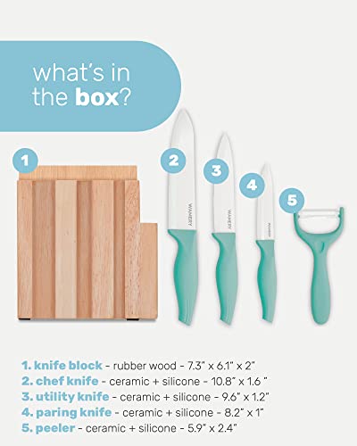 Wamery Ceramic Knife Set with Block - Chef Knife, Utility Knife, Paring Knife Rust Proof Sharp Turquoise Kitchen Knife Set with Wood Block and Fruit Peeler