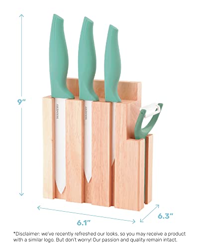 Wamery Ceramic Knife Set with Block - Chef Knife, Utility Knife, Paring Knife Rust Proof Sharp Turquoise Kitchen Knife Set with Wood Block and Fruit Peeler