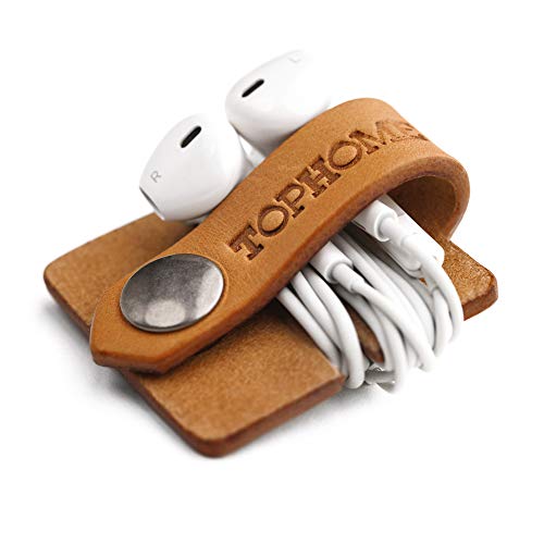 TOPHOME Cord Organizer Earbud Holder Earphones Headphones Winder Keeper Earbuds Case Storage Wrap Headset Genuine Leather Cable Organizer, Orange Yellow