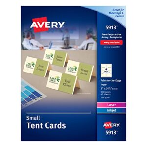 avery printable small tent cards with sure feed technology, 2” x 3.5”, ivory, 160 blank place cards for laser or inkjet printers (05913)