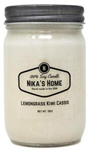 nika's home lemongrass kiwi cassis soy candle 12oz mason jar non-toxic white soy candle-hand poured handmade, long burning 50-60 hours highly scented all natural, clean burning gift décor