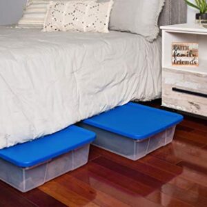 HOMZ Plastic Underbed Storage, with Lid, 28 Quart, Clear, Stackable, 8-Pack, Blue 3228CLBLDC.08