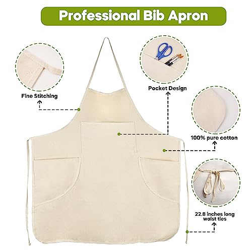 CONDA 100% Cotton Canvas Professional Bib Apron With 3 Pockets for Women Men Adults,Waterproof,Natural 31inch By 27inch