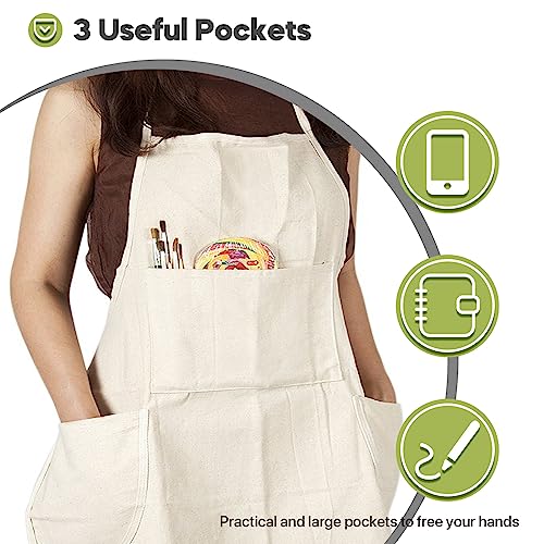 CONDA 100% Cotton Canvas Professional Bib Apron With 3 Pockets for Women Men Adults,Waterproof,Natural 31inch By 27inch