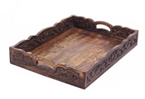 hand carved wooden serving tray - decorative breakfast tray with handles - rustic wooden food tray with intricate detail - unique furnishing accent - natural finish - 17 x 13 x 2.5 inch - cotton craft