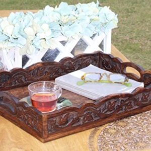 Hand Carved Wooden Serving Tray - Decorative Breakfast Tray with Handles - Rustic Wooden Food Tray with Intricate Detail - Unique Furnishing Accent - Natural Finish - 17 x 13 x 2.5 Inch - COTTON CRAFT