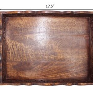 Hand Carved Wooden Serving Tray - Decorative Breakfast Tray with Handles - Rustic Wooden Food Tray with Intricate Detail - Unique Furnishing Accent - Natural Finish - 17 x 13 x 2.5 Inch - COTTON CRAFT