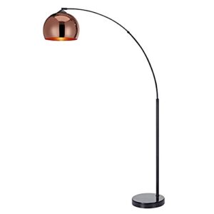 teamson home arquer real marble base modern led arc floor lamp tall standing hanging light with bell shade for living room reading bedroom home office, 67 inch height, rose gold