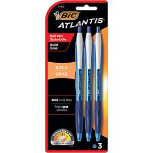 bic atlantis bold retractable ball pen, bold point (1.6mm), blue, 3-count