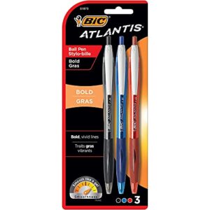 bic atlantis bold retractable ballpoint pen, bold point (1.6mm), assorted colors, comfortable rubber grip, 3-count