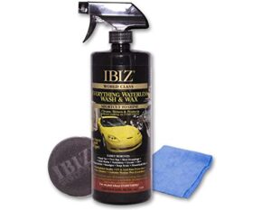 ibiz waterless wash and wax - 32oz premium carnauba formula - safe for all finishes - rinse free - long lasting shine, deep gloss, and advanced protection.