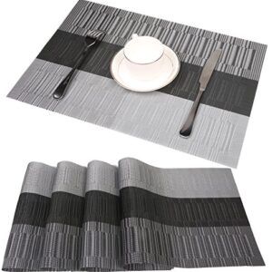 famibay Bamboo PVC Weave Placemats Non-Slip Kitchen Table Mats Set of 4-30x45 cm (Black and Grey)