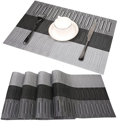 famibay Bamboo PVC Weave Placemats Non-Slip Kitchen Table Mats Set of 4-30x45 cm (Black and Grey)