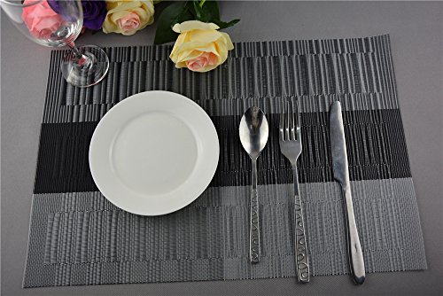 famibay Bamboo PVC Weave Placemats Non-Slip Kitchen Table Mats Set of 4-30x45 cm (Black and Grey)