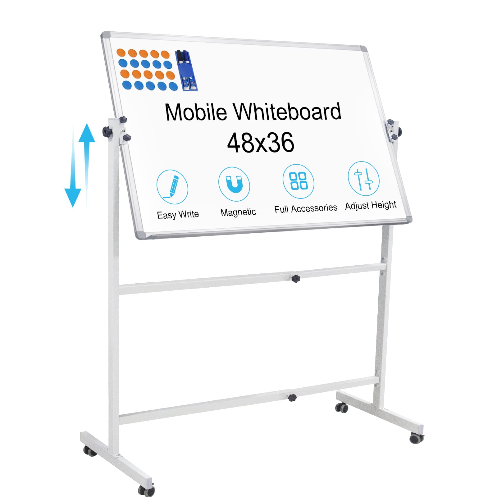 Dry Erase Board with Stand 48"x36", Rolling Magnetic Whiteboard with Stand, Height Adjustable Mobile Whiteboard Portable Whiteboard on Wheels with 1 Eraser, 2 Markers and 20 Magnets