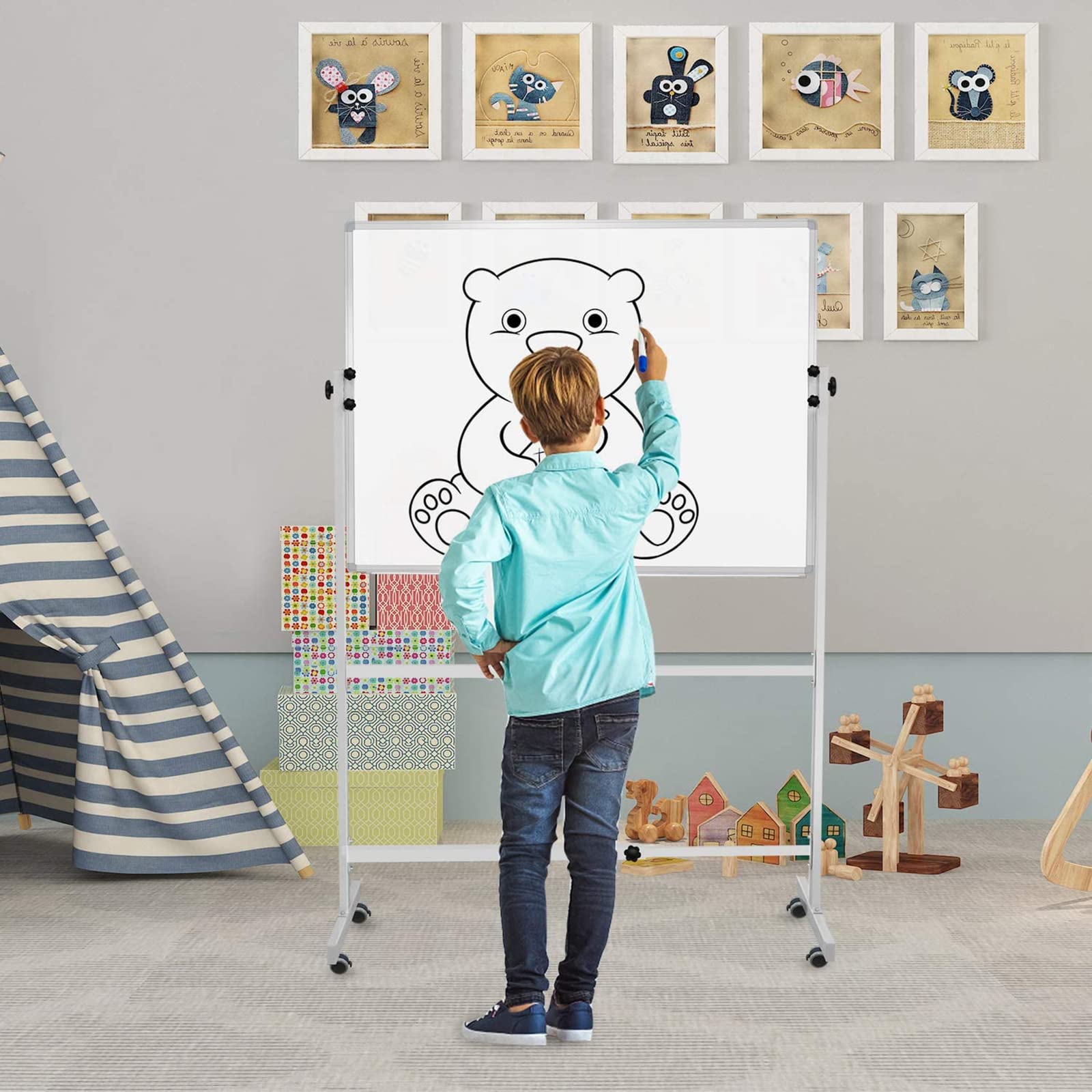 Dry Erase Board with Stand 48"x36", Rolling Magnetic Whiteboard with Stand, Height Adjustable Mobile Whiteboard Portable Whiteboard on Wheels with 1 Eraser, 2 Markers and 20 Magnets