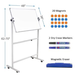 Dry Erase Board with Stand 48"x36", Rolling Magnetic Whiteboard with Stand, Height Adjustable Mobile Whiteboard Portable Whiteboard on Wheels with 1 Eraser, 2 Markers and 20 Magnets